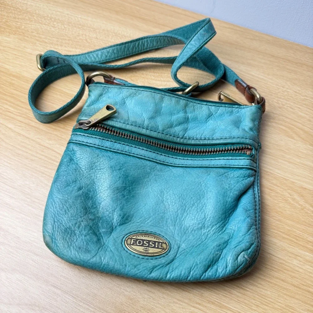 Vintage Fossil Pebbled Leather Long Live Crossbody Bag Womens Small Teal Brass